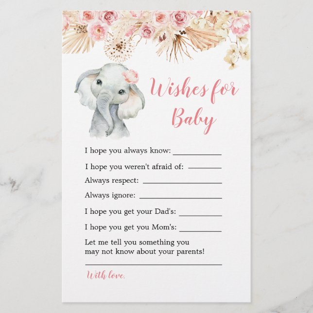 Pink Boho Elephant Baby Shower Wishes for Baby (Front)