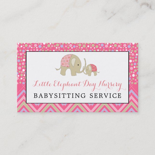 Pink Boho Elephant, Babysitter, Daycare, Nursery Business Card (Front)