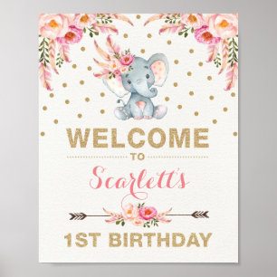 Pink Boho Elephant First Birthday Welcome Sign
