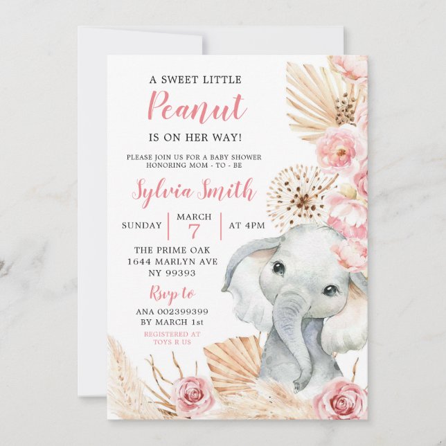 Pink Boho Elephant Girl Baby Shower Invitation (Front)