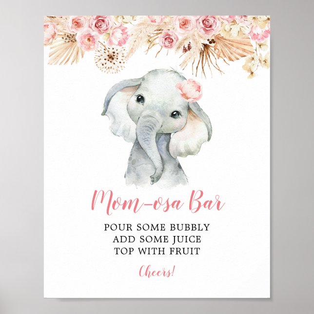 Pink Boho Elephant Girl Baby Shower Mum-osa Bar Poster (Front)