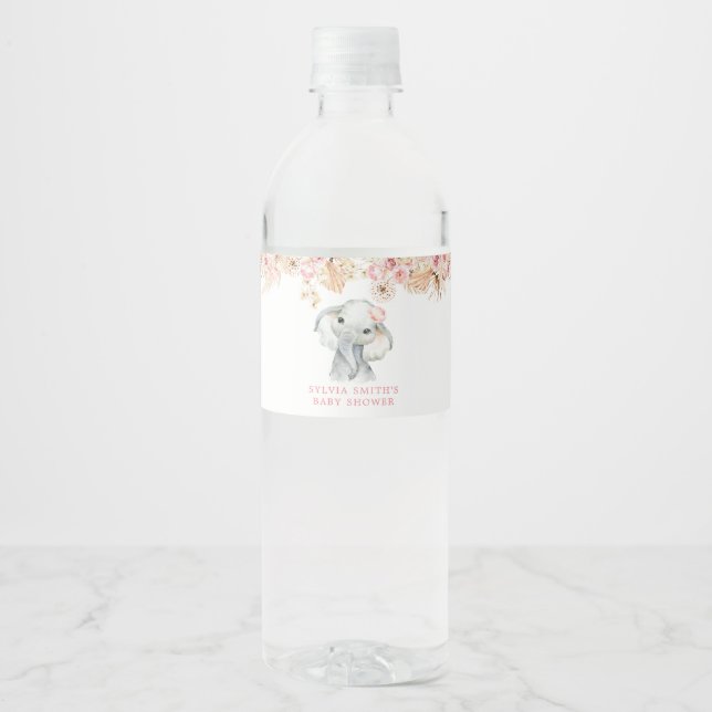 Pink Boho Elephant Girl Baby Shower Water Bottle Label (Front)