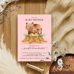Pink Boho Family Bear Mummy Baby Shower Invitation