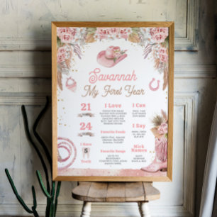 Pink Boho First Rodeo 1st Birthday Milestone 18x24 Poster