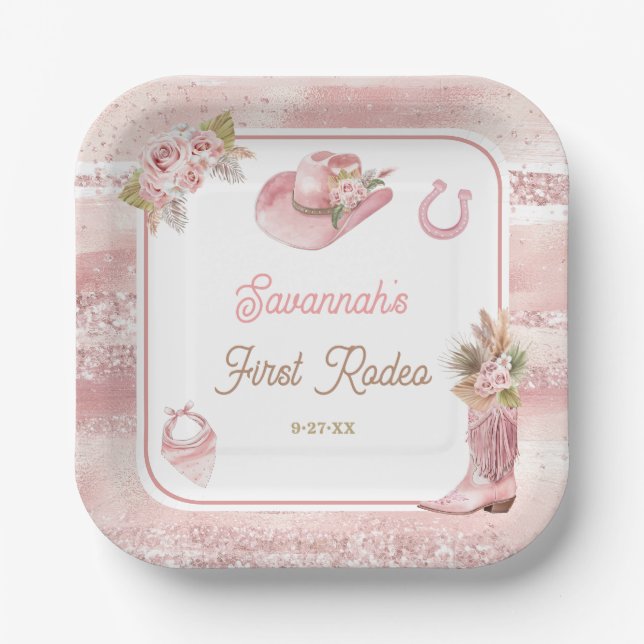 Pink Boho First Rodeo 1st Birthday Paper Plate (Front)