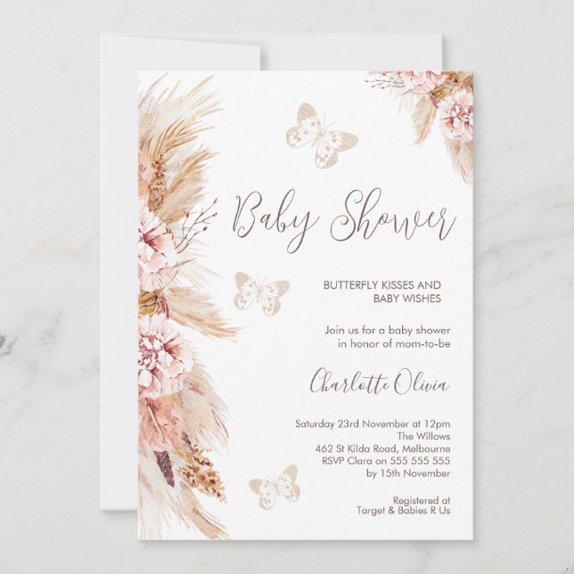 Pink Boho Floral And Butterflies Baby Shower Invitation (Front)