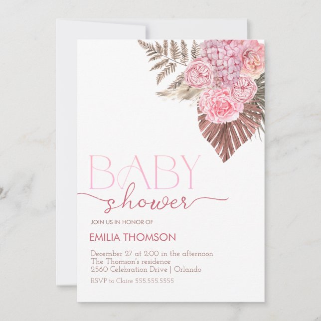Pink Boho Floral Baby Shower Invitation (Front)