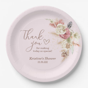 Pink Boho Floral Baby Shower Thank You Message Paper Plate
