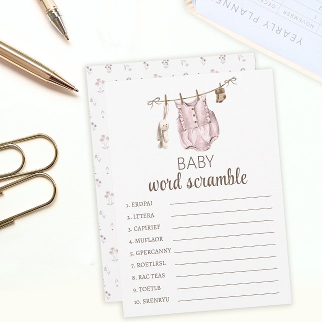 Pink boho floral baby shower word scramble advice card (Creator Uploaded)