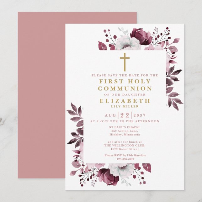 Pink Boho Floral Botanical First Holy Communion  Save The Date (Front/Back)