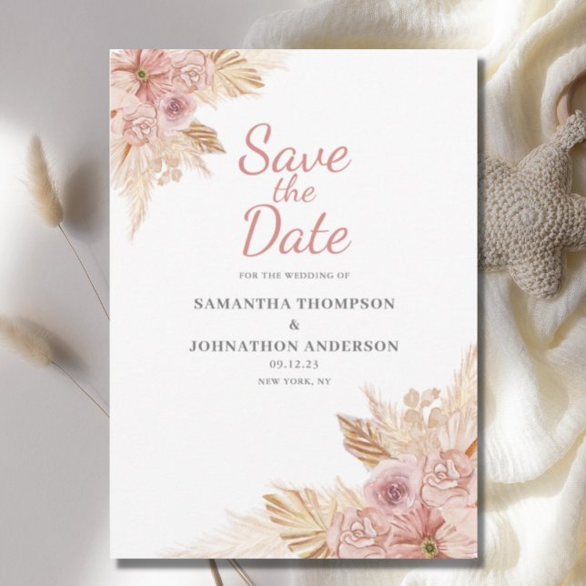 Pink Boho Floral Botanical Flat Save The Date Card (Creator Uploaded)