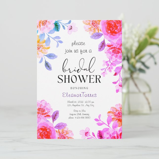 Pink boho floral bridal shower invitation (Standing Front)