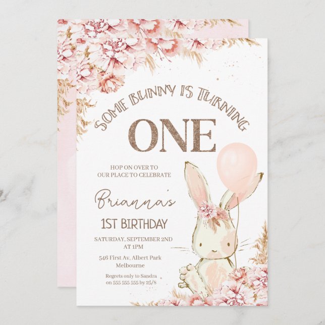 Pink Boho Floral Bunny 1st Birthday Invitation (Front/Back)