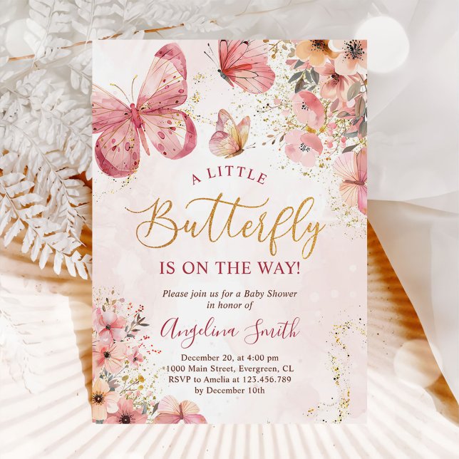 Pink Boho Floral Butterfly Baby Shower Invitation (Creator Uploaded)