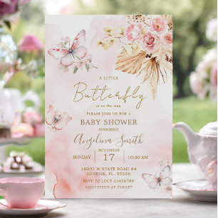Pink Boho Floral Butterfly Baby Shower  Invitation
