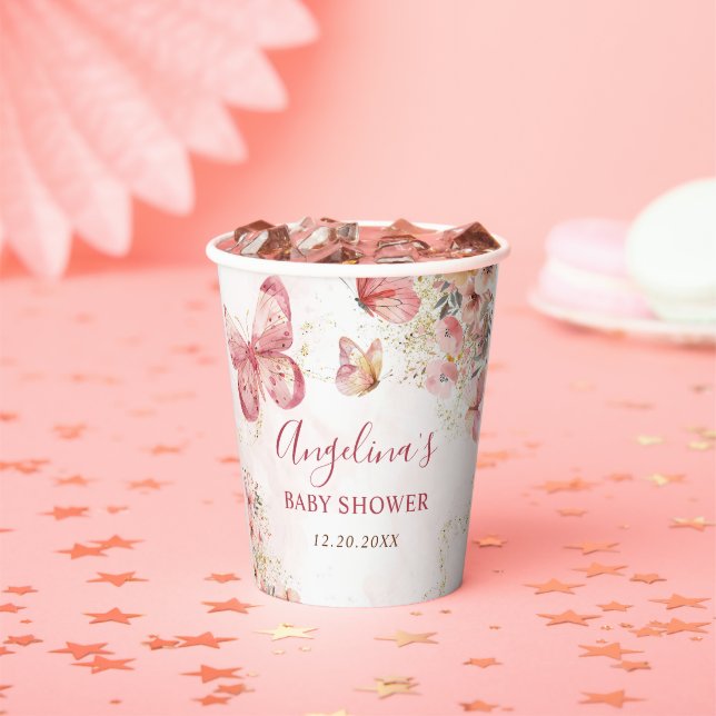 Pink Boho Floral Butterfly Baby Shower Paper Cups (Insitu)