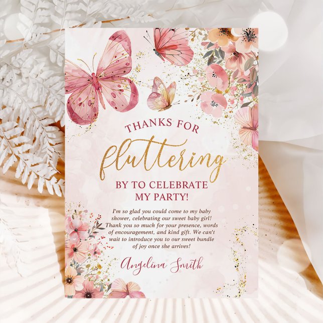 Pink Boho Floral Butterfly Baby Shower Thank You Card (Creator Uploaded)