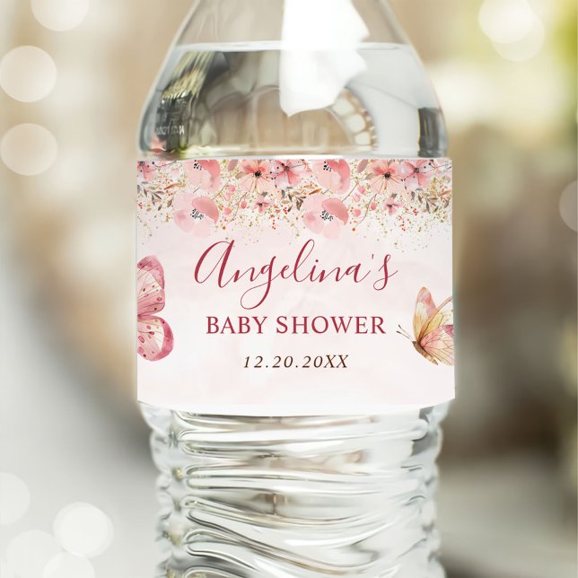 Pink Boho Floral Butterfly Baby Shower Water Bottle Label (Creator Uploaded)