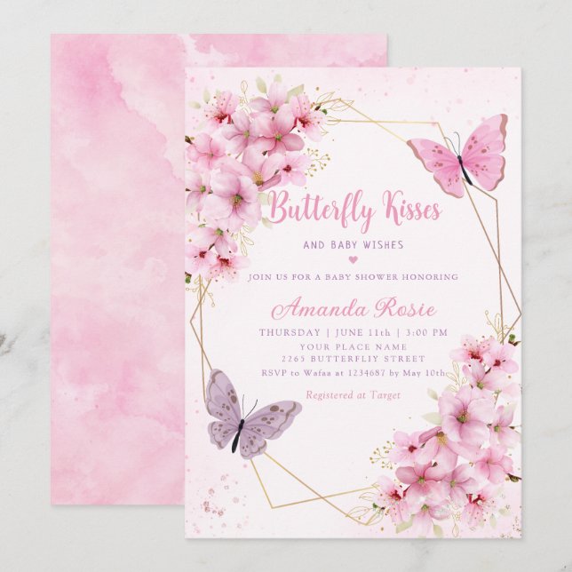 Pink Boho Floral Butterfly Kisses Girl Baby Shower Invitation (Front/Back)