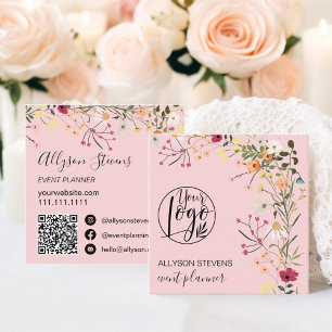 Pink Boho floral event planner logo qr code Square Business Card