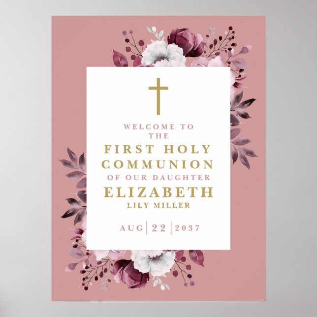 Pink Boho Floral First Holy Communion Welcome Sign (Front)
