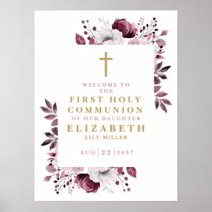 Pink Boho Floral First Holy Communion Welcome Sign