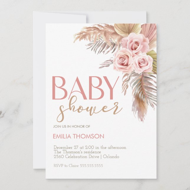 Pink Boho Floral Girl Baby Shower Invitation (Front)