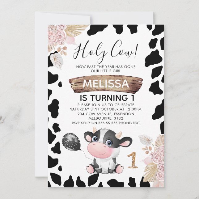 Pink Boho Floral Holy Cow 1st Birthday Invitation (Front)