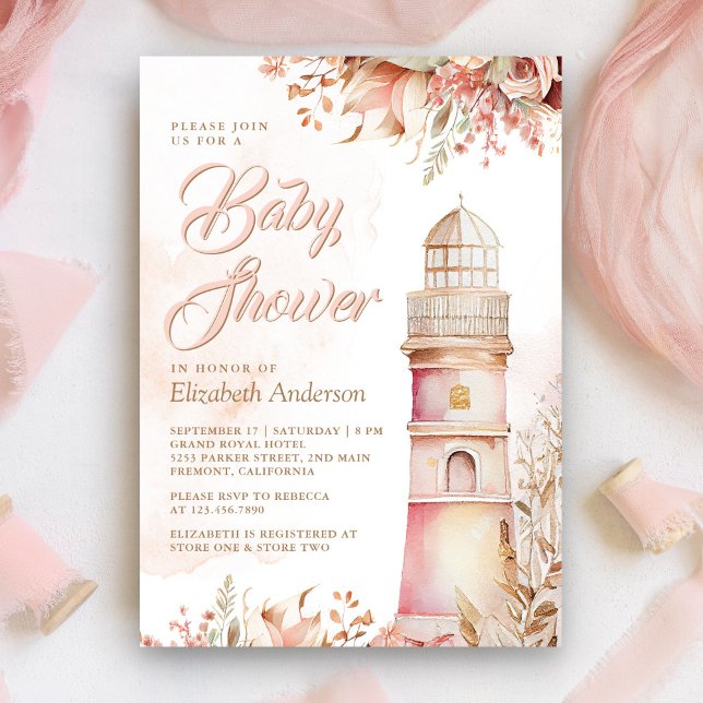 Pink Boho Floral Lighthouse Baby Shower Invitation (Creator Uploaded)
