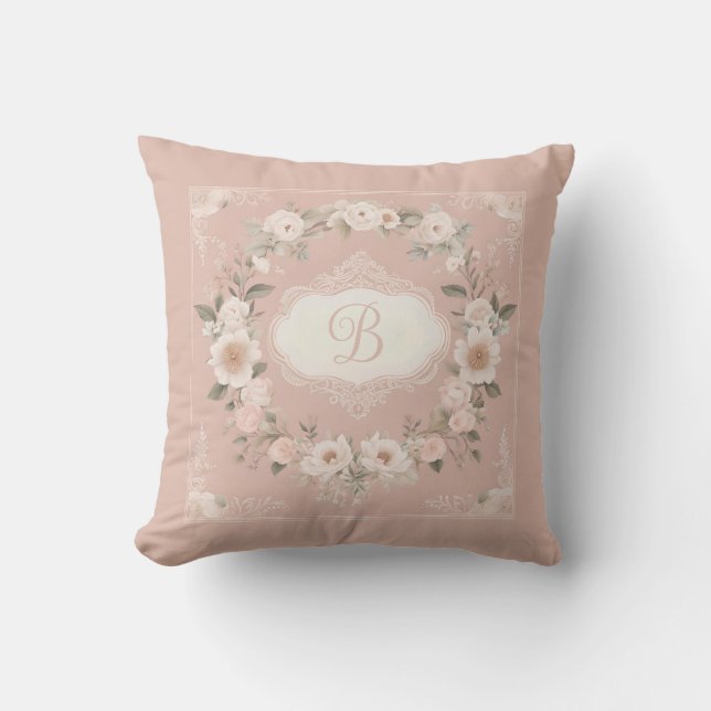 Pink Boho Floral Monogram Cushion (Front)