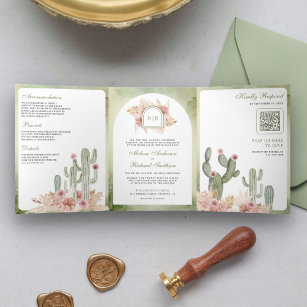 Pink Boho Floral Pampas Cactus QR Code Wedding Tri-Fold Invitation