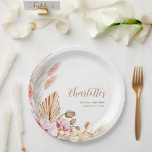Pink Boho Floral Pampas Grass Bridal Shower Paper Plate