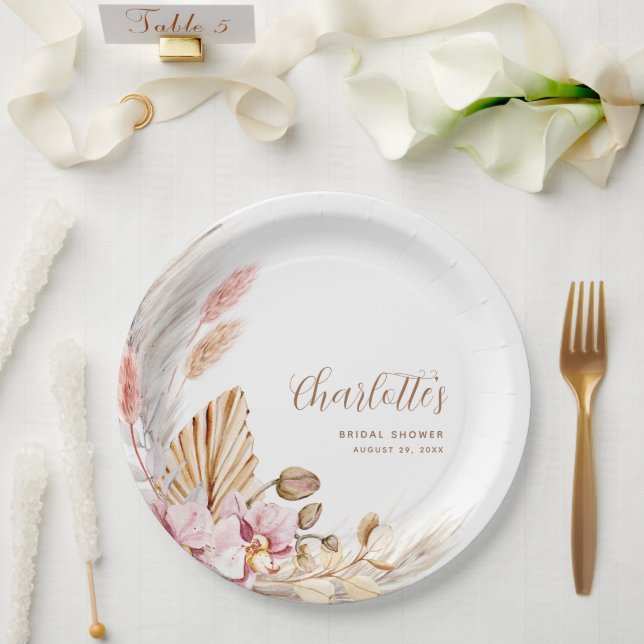 Pink Boho Floral Pampas Grass | Bridal Shower  Paper Plate (Wedding)