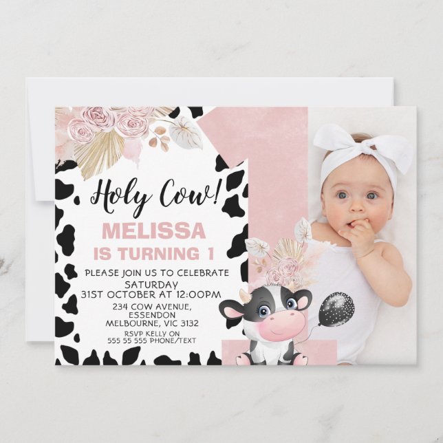 Pink Boho Floral Photo One Holy Cow 1st Birthday Invitation (Front)