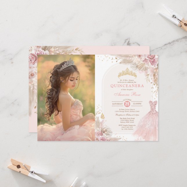 Pink Boho Floral Quinceañera 15th Birthday Photo Invitation (Front/Back In Situ)