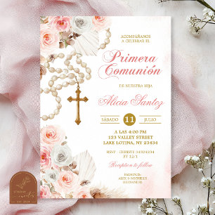 Pink Boho Floral Rosary First Holy Communion Invitation
