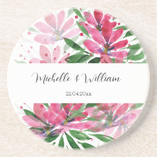 Pink Boho Floral Watercolor Monogrammed Coaster
