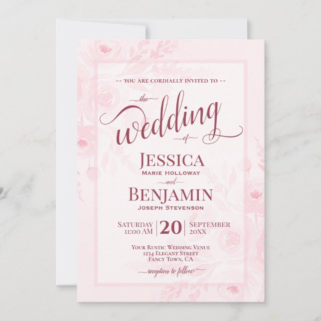 Pink Boho Floral Watercolor Stylish Script Wedding Invitation (Front)