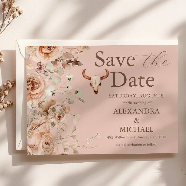 Pink Boho Floral Western Wedding Save The Date (Creator Uploaded)