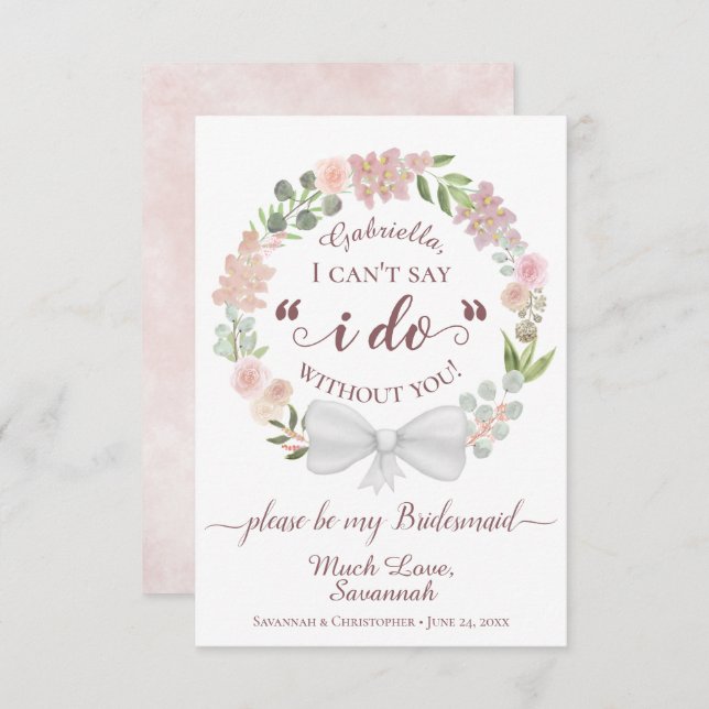 Pink Boho Floral Wreath Be my Bridesmaid Card (Front/Back)