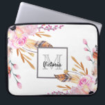 Pink boho florals feather white girly monogrammed laptop sleeve<br><div class="desc">A chic white background with pink florals, roses, sprigs and brown, golden feathers. Summer boho, bohemian style. A grey and white frame with space for your name and monogram letter. The name is written in black with a modern hand lettered style script. Monogram letter in grey. Perfect for school, work,...</div>