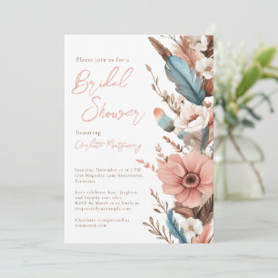 Pink Boho Flower & Feathers Elegant Bridal Shower Invitation