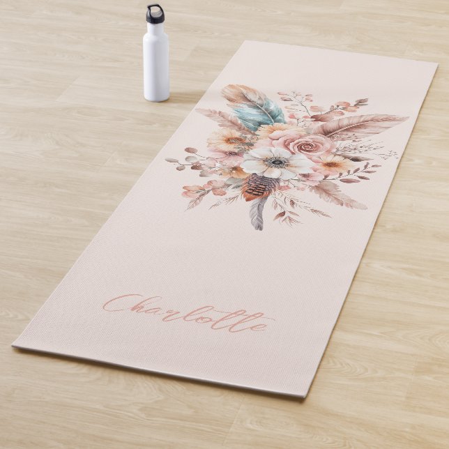 Pink Boho Flower & Feathers Elegant  Yoga Mat (In Situ)