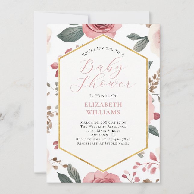 Pink Boho Flowers Peonies Baby Shower Invitation (Front)