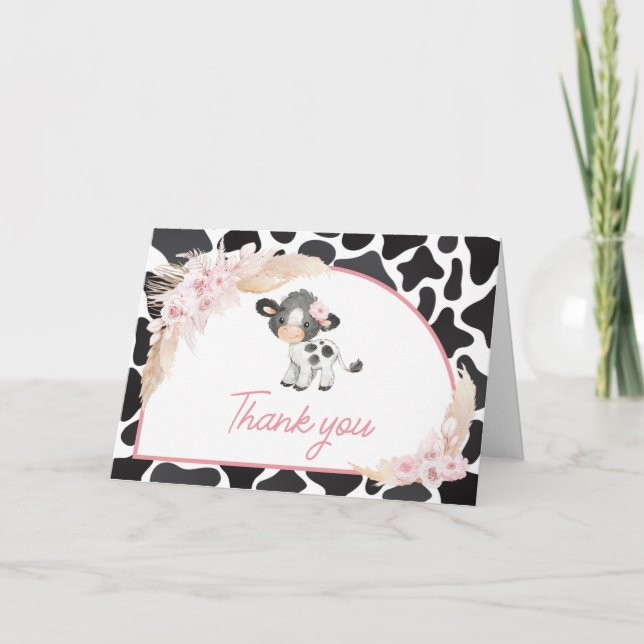Pink Boho Highland Cow Baby Shower Thank You Card (Front)