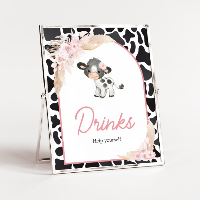 Pink Boho Highland Cow Drinks Poster (Girl Floral Highland Cow Baby Shower Drinks Sign)