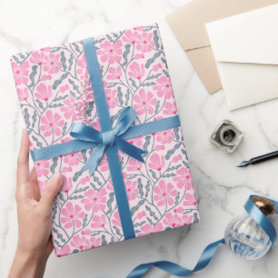 Pink Boho Mid Century Modern Floral Pattern Wrapping Paper