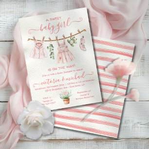 Pink Boho Nature Baby Shower Girl Clothesline Invitation