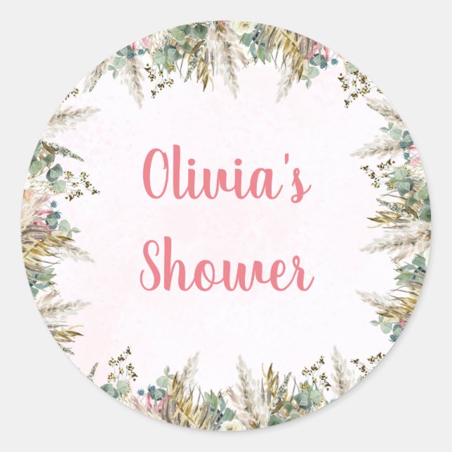 Pink Boho Pampas & Floral Baby Shower Favor Classic Round Sticker (Front)
