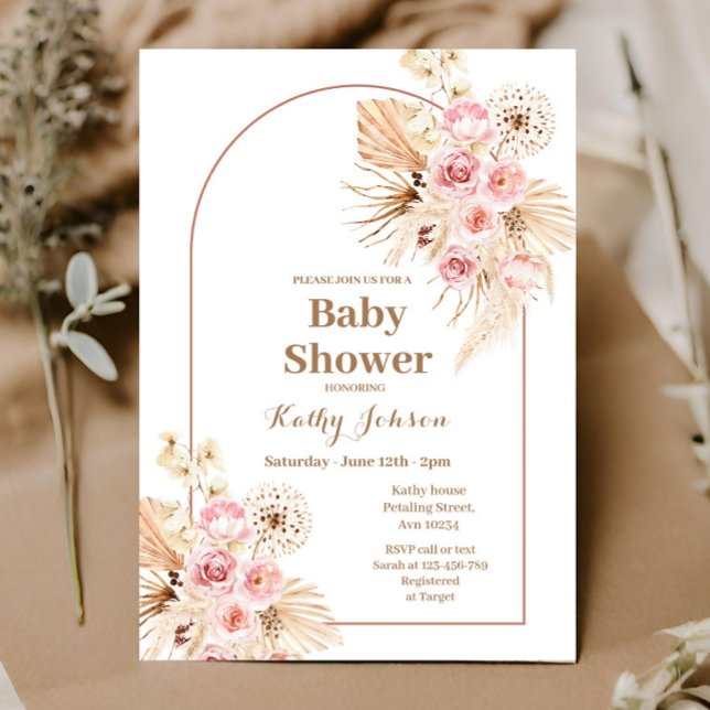 Pink Boho Pampas Grass Baby Shower Invitation  (Creator Uploaded)